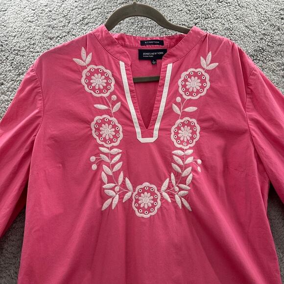 Jones New York Large Pink Tunic Top‎ Embroidered Floral V-Neck 3/4 Sleeves - Picture 2 of 10